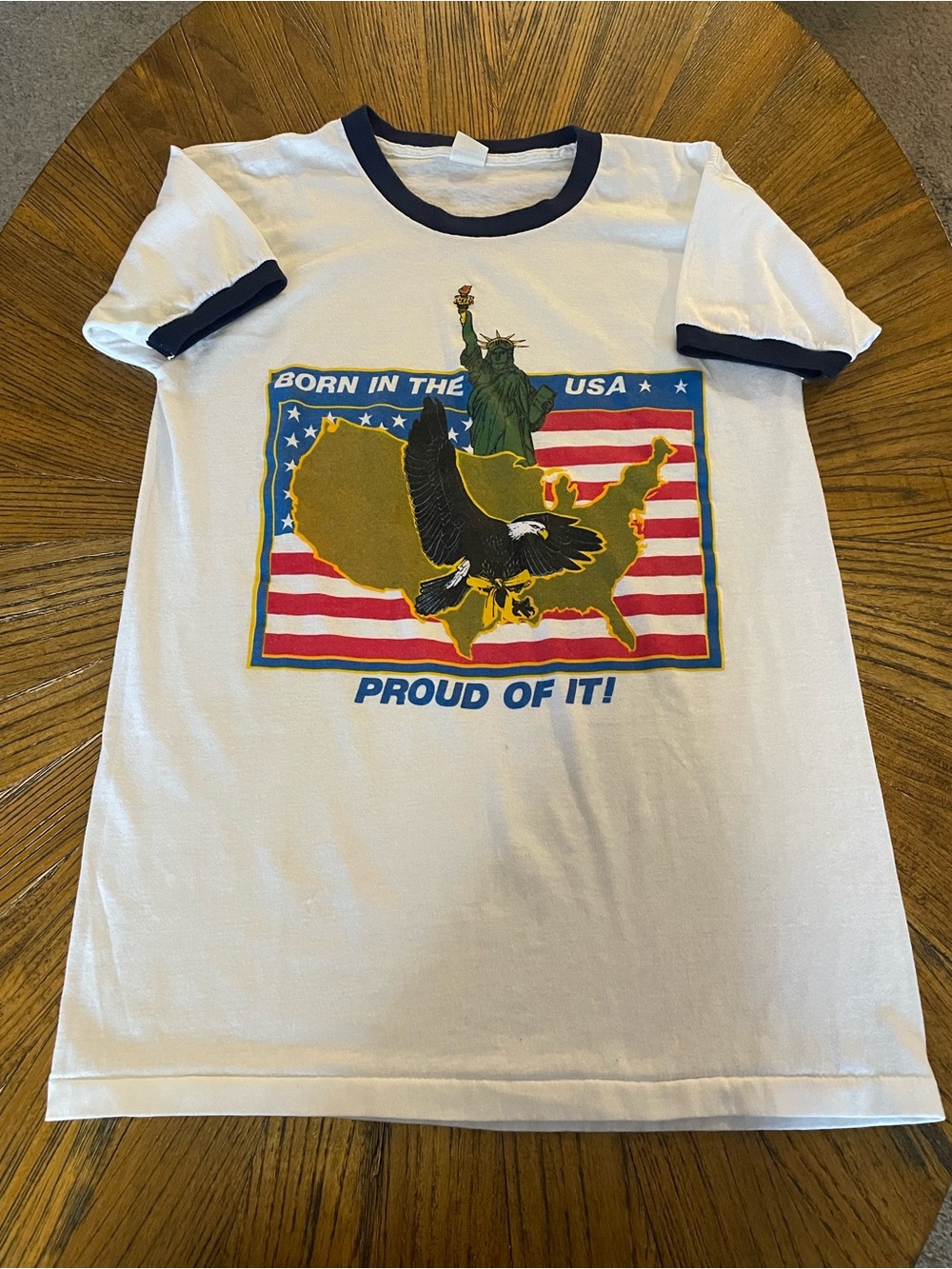 Vintage 1980’s White Ringer Tee with Patriotic USA Graphic - Navy Trim
